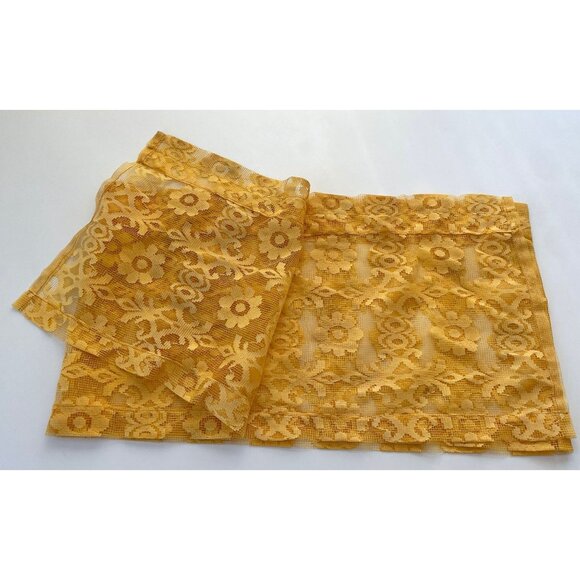 Vintage 70s net mesh valance, rod heading, golden yellow single panel - Picture 4 of 5